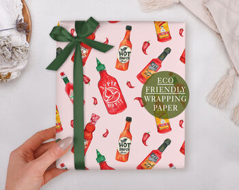 Valentine Wrapping Paper With Pink Hot Sauce Design, Three Sheet Pack, 2 of 3