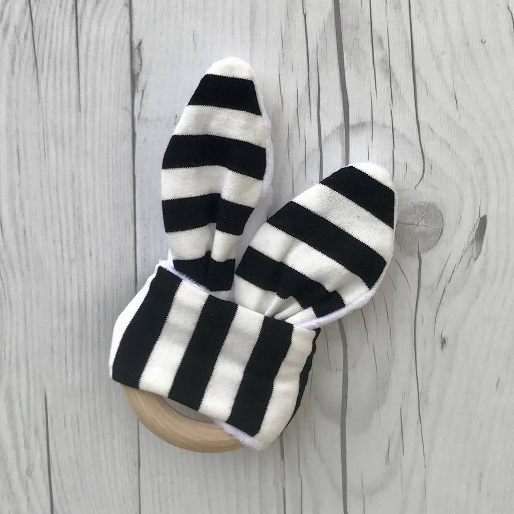 wooden monochrome bunny ear teether by littlechook personalised