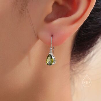 Sterling Silver Olive Green Cz Droplet Drop Earrings, 8 of 12
