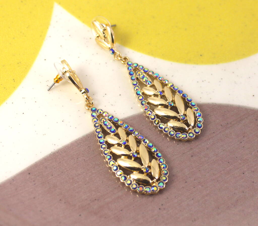 Gold Plated Statement Blue Drop Crystal Earrings By Lucy Loves Neko