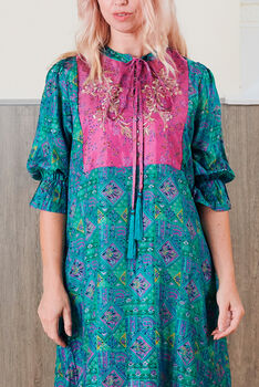 Yasmin Silk Print Embroidered Dress 04, 3 of 3