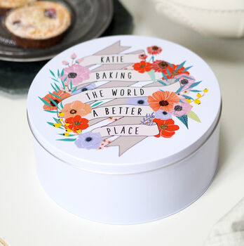 Personalised 'Baking The World A Better Place' Cake Tin, 2 of 3