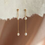 Long Two Pearl Drop Chain Stud Earrings, thumbnail 1 of 10