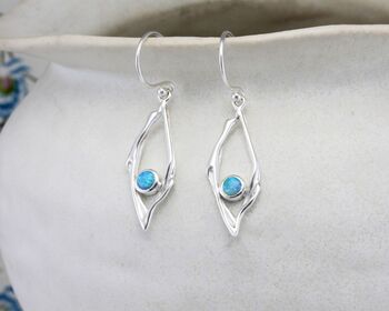 Sterling Silver Blue Opal Delicate Drop Earrings, 3 of 6