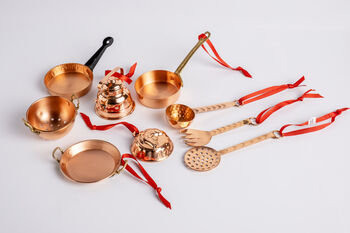 Set Of Nine Hadnmade Copper Miniature Kitchen Utensils Set – Collectible Decor And Xmas Tree Festive Ornaments, 3 of 4
