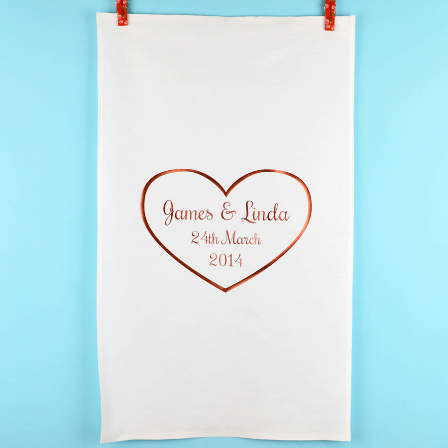 Personalised Copper Heart 'Anniversary' Tea Towel