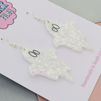 White Glitter Ghost Resin Halloween Earrings, 2 of 4