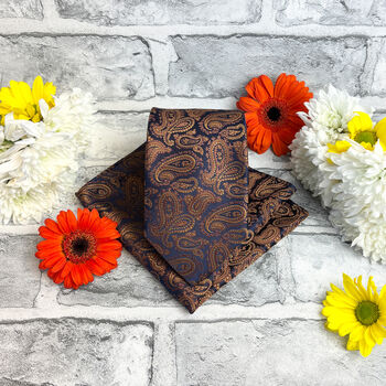 Navy And Copper Paisley Wedding Tie Set, 6 of 6