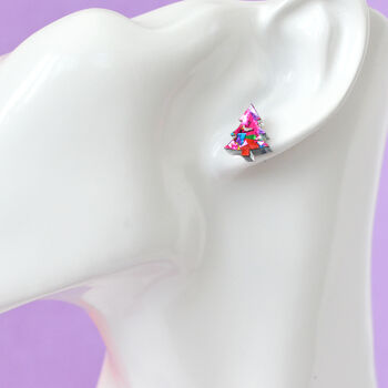 Pink Rainbow Confetti Christmas Tree Stud Earrings, 2 of 5
