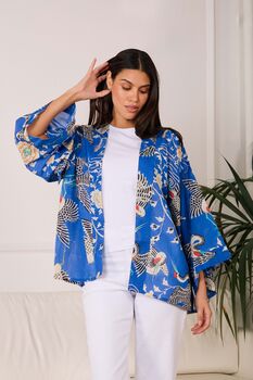 Electric Blue Dynastic Bird Print Light Weight Kimono, 2 of 5