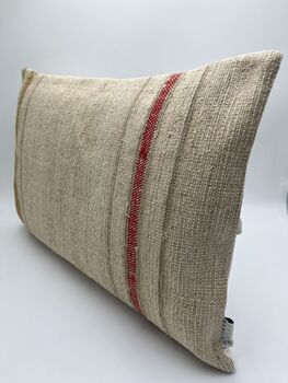 Oblong, Natural, Hemp, Neutral, Woven, Grain Sack, Striped Cushion With Cotton Reverse Red And Ochre Stripe, 2 of 5