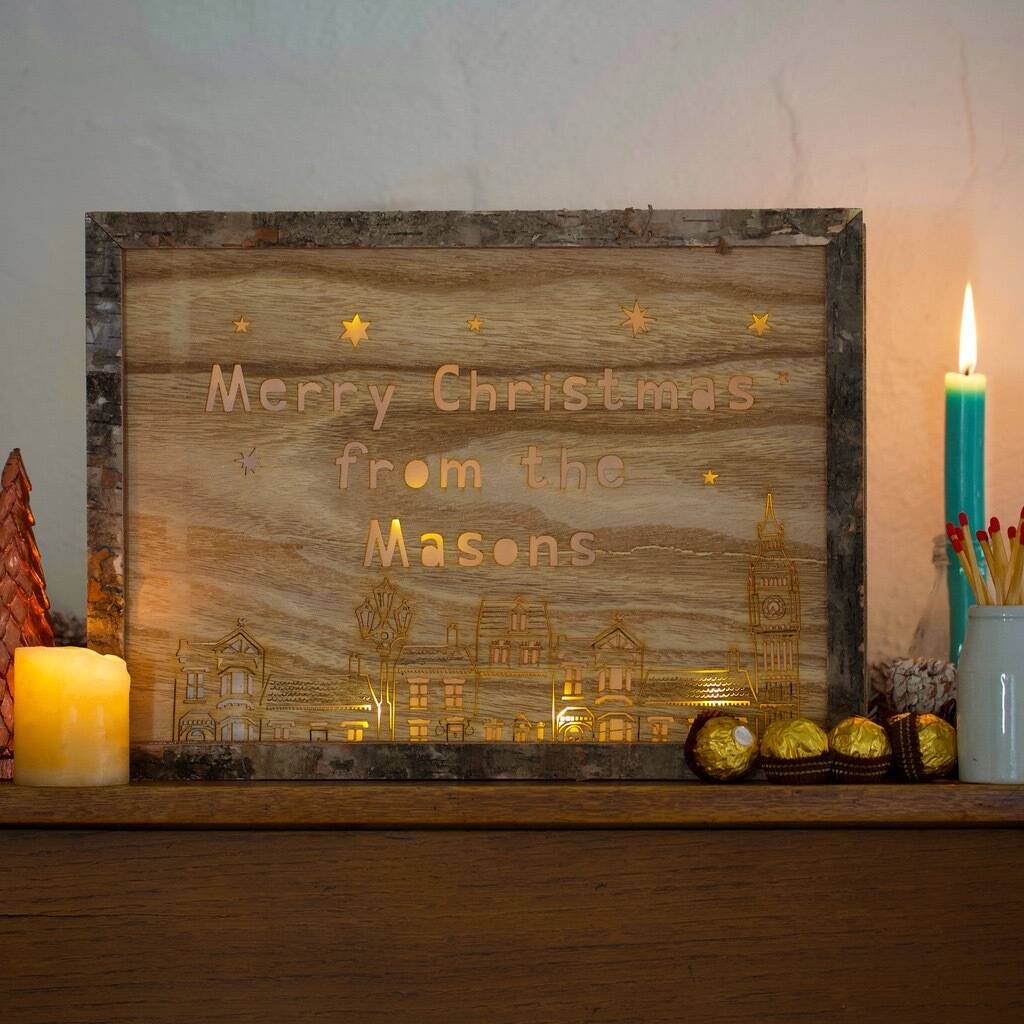 Personalised Wooden Christmas Houses Light Box Frame, 1 of 2