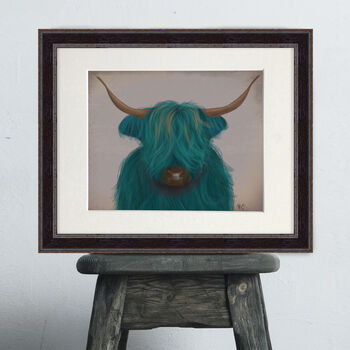 Highland Cow In Turquoise, Art Print Framed Or Unframed, 9 of 9