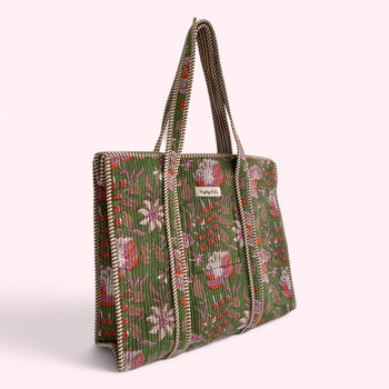 Green Floral Quilted Cotton Tote Bag, 2 of 4