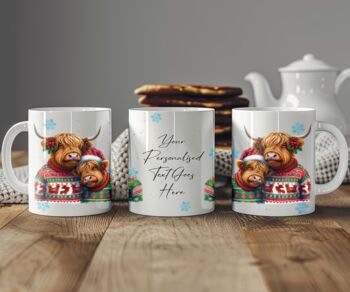 Personalised Highland Cow Love Couple In Christmas Jumpers Mug B, 2 of 2