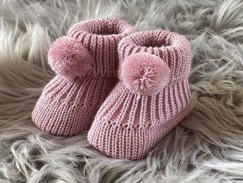 Rose Pink Knitted Baby Booties With Pom Pom, 4 of 8