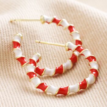 Red And White Twisted Enamel Hoops In Gold Plating, 2 of 8