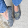 Felt Embroidered Ballerina Slippers/ Grey/ Green/ Daisy, thumbnail 2 of 7