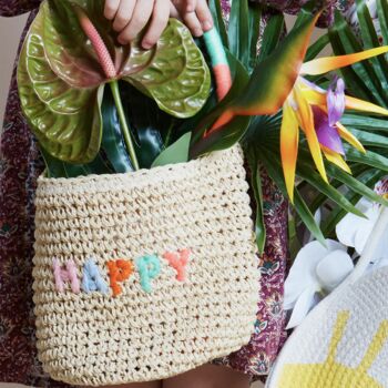 Embroidered Happy Woven Straw Bag, 2 of 5