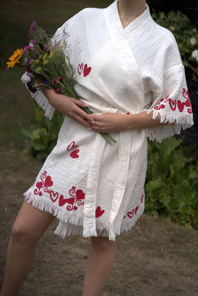 Organic Short Cotton Kimono: White With Hearts, 1 of 2