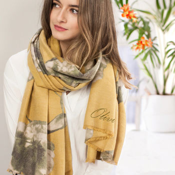 Personalised Mustard To Grey Floral Print Scarf, 2 of 6