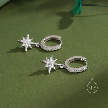Sterling Silver Cz Starburst Huggie Hoop Earrings, 6 of 12