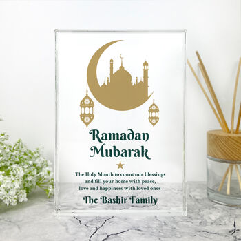 Personalised Ramadan Mubarak Crescent And Lanterns Giant Crystal Block 19.5cm X 14cm, 2 of 7