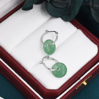 Sterling Silver Dangling Green Aventurine Jade Donut Hoop Earrings, 6 of 12