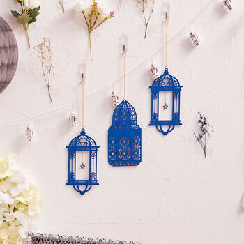 3pc Blue Wooden Eid Hanging Lanterns, 2 of 4
