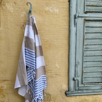 Padstow Peshtemal Towel Beige / Sky Blue, 7 of 10