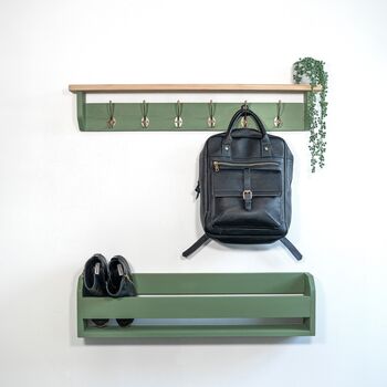 Green Coat Rack With Shelf, Dark Wax Shelf 10cm Deep, Shelf With Hooks, Black, Silver, Bronze, Copper, Chrome, Brass Hooks, Painted In F And B No.34, 4 of 8