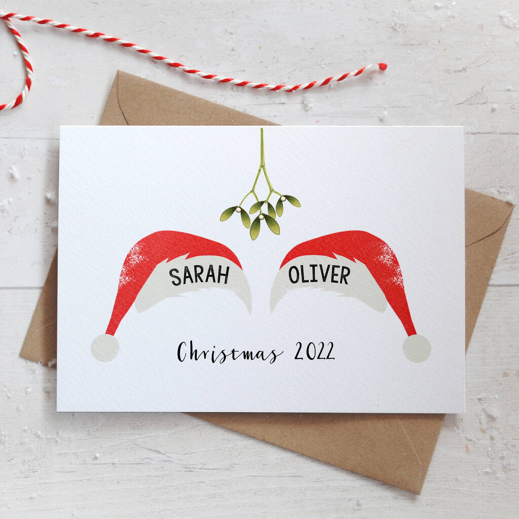 Personalised Christmas Couple Card With Santa Hats, 1 of 3