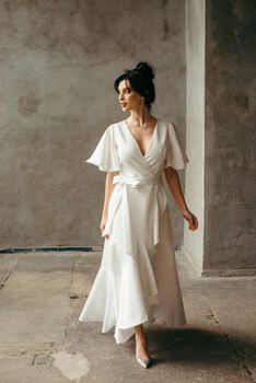 Simple Ivory Satin Wedding Dress With Flutter Sleeves And High Low Skirt, 7 of 7