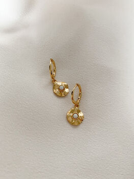 18k Gold Opal Disk Huggie Hoop Earrings, 2 of 2