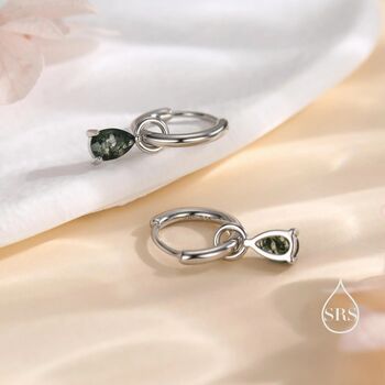 Sterling Silver Moss Agate Droplet Huggie Hoop Earrings, 3 of 11