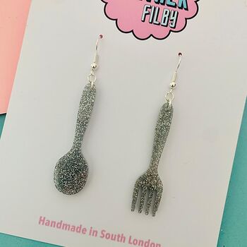 Silver Fork And Spoon Glitter Earrings, 2 of 3