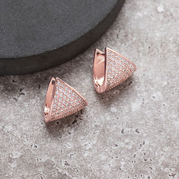 Rose Gold Colour Triangle Crystal Huggie Earrings, 2 of 3