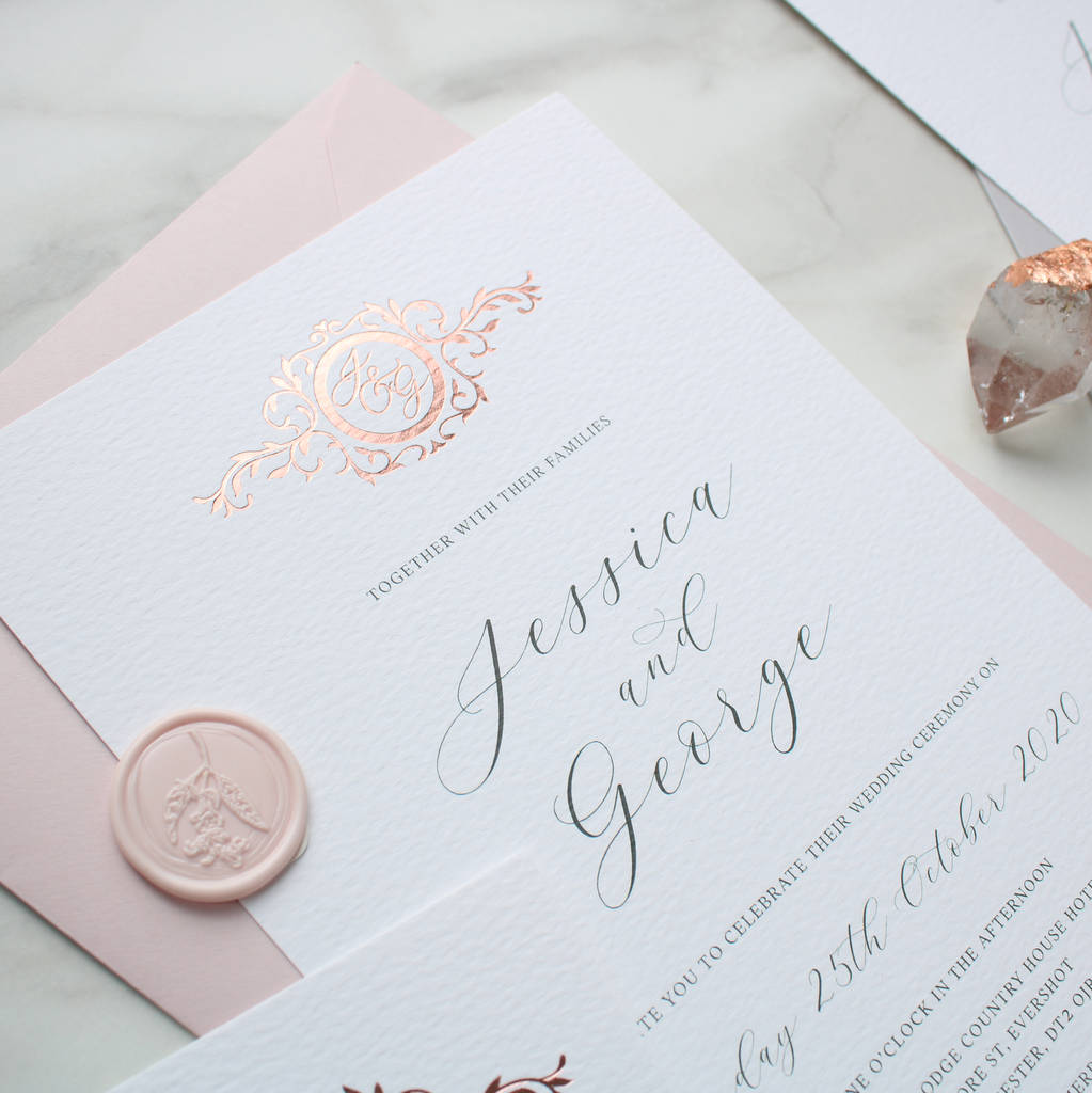 Adore Monogram Foil Rose Gold Wedding Invitation Sample By