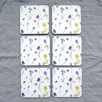 Set Of Six Spring Flower And Bee Melamine Coasters, 2 of 5
