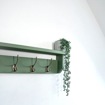 Green Coat Rack With Shelf, Shelf 10cm Deep, Shelf With Hooks, Black, Silver, Bronze, Copper, Chrome, Brass Hooks, Painted In F And B No.34, 2 of 8