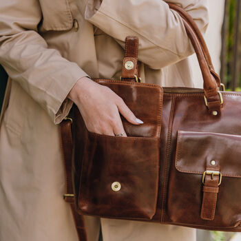 Brown Leather Tote Bag With Pockets, 2 of 6