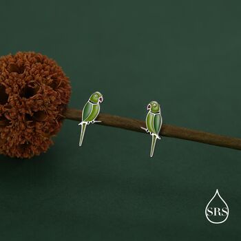 Sterling Silver Green Enamel Parakeet Parrot Earrings, 7 of 12