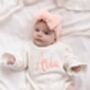 Personalised Embroidered Ruffle Detail Knitted Baby Romper Three Colours Available, thumbnail 2 of 12