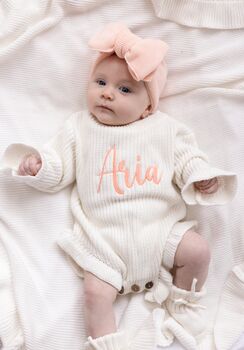Personalised Embroidered Ruffle Detail Knitted Baby Romper Three Colours Available, 2 of 12