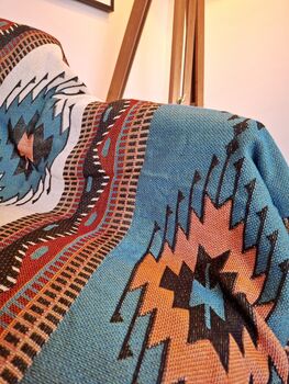 Mexican Blanket Furniture Throw In Green, Orange And Cream, 2 of 8