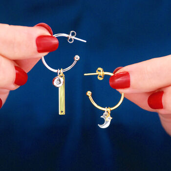 Mismatched Moon And Star Charm Hoop Earrings, 2 of 6