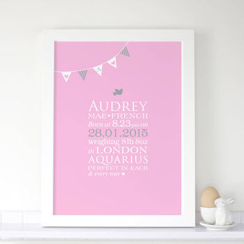 Personalised Baby Girl 'Bunting' Birth Details Print, 2 of 2