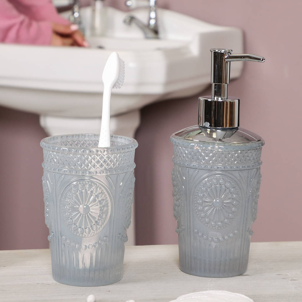 Grey glass bathroom accessories