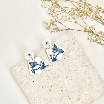 Blue And White Floral Handmace Statement Earrings, 3 of 5