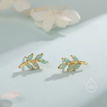 Sterling Silver Small Green Opal Leaf Stud Earrings, 3 of 11